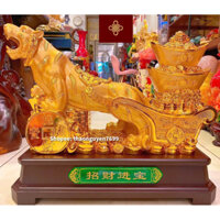 Tượng Hổ phong thuỷ kéo thỏi vàng kim nguyên bảo cỡ đại màu vàng bóng (cao 45, dài 57, rộng 24)