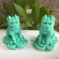Tượng kỳ lân phong thủy  1 cặp 2 ông màu Xanh ngọc cao 11 cm mang tài lộc