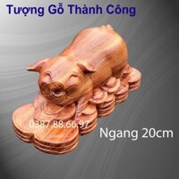 Tượng linh vật tuổi hợi con heo rộng 20cm chất liệu gỗ hương