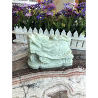 Tượng Long Quy  Rùa đầu Rồng  cõng gậy như ý phong thủy đá cẩm thạch trắng xanh - Dài 15 cm