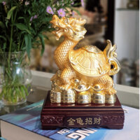 Tượng Long Quy Trên Nguyên Bảo Đế Gỗ Trưng Bày Bột Đá Mạ Vàng Cao Cấp, Tượng Long Quy (Rùa Đầu Rồng) Tài Lộc LN163