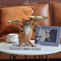 Tượng Mèo Lắc Hông 2 Khay C&M HOME Trang Trí Phòng Khách Quà Tặng Tân Gia Khai Trương 3 Màu Trắng/Xám/Nâu