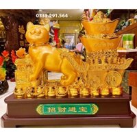 Tượng mèo phong thuỷ kéo thỏi vàng kim nguyên bảo cao cấp màu vàng bóng (cao 40, dài 44, rộng 21)