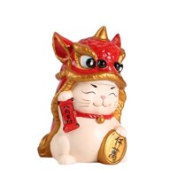Tượng mèo thần tài lớn đội đầu lân bằng gốm sứ siêu xinh, rực rỡ, dễ thương bày trí kinh doanh