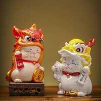 Tượng mèo thần tài may mắn lớn đội đầu lân bằng gốm sứ siêu xinh, cute, dễ thương để bàn làm việc, kinh doanh
