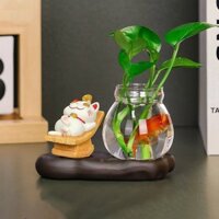 Tượng Mèo Thần Tài Nằm Ghế Thư Giãn Vui Vẻ, Lạc Quan, Hạnh Phúc Kèm Bình Thủy Sinh Mini- Carrot97