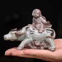Tượng mục đồng gốm tử sa- chú bé cưỡi trâu- Tượng gốm decor trang trí tiểu cảnh bonsai phối lũa