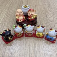 Tượng ông địa thần tài kèm mèo thần tài Maneki Neko mini may mắn trang trí Tết, bàn làm việc, khai trương