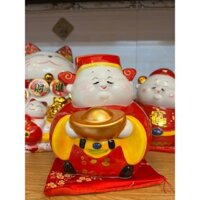 Tượng Ông Thần Tài gốm sứ màu đỏ trắng có chỗ nhét heo | giava decor | mèo thần tài gốm sứ