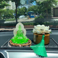 Tượng Phật Bà Quan Âm Đá Lưu Ly Xanh & Liên Hoa Gỗ Hoàng Dương Cao Cấp Trang Trí Ô Tô Minh Thu Yêu Xe
