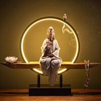 Tượng Phật Bà Quan Âm thác khói trầm hương có vòng đèn led