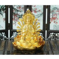 Tượng Phật Bà Quan Thế Âm Bồ Tát hai mặt tọa đài sen vàng đính đá cao cấp trang trí Taplo Ô Tô Xe Hơi