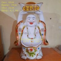 Tượng Phật Di Lặc nâng thỏi vàng phong thủy bằng gốm sứ cao cấp - chiều cao 62cm