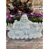 Tượng Phật Di Lặc ngồi cầm thỏi vàng và gậy như ý phong thủy đá cẩm thạch trắng xanh