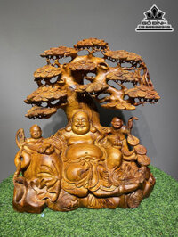 Tượng Phật Di Lặc Ngồi Gốc Tùng Nhị Phúc Gỗ Hương Cao 50 Ngang 44 Sâu 25 (cm)