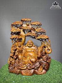 Tượng Phật Di Lặc Tam Phúc Ngồi Gốc Tùng Gỗ Hương Cao 50 Ngang 42 Sâu 22 (cm)