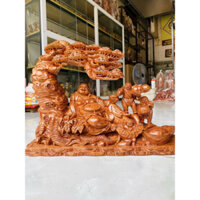 Tượng Phật Di Lặc Tam Phúc ngồi gốc cây Tùng gỗ Hương Đá Ngang 45cm