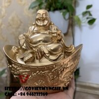 [Tượng Phật Di Lặc] Tượng đá trang trí Phật Di Lặc ngồi trên thỏi vàng tay cầm thỏi vàng - Cao 10cm - Màu nhũ đồng