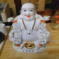 Tượng phật di lặc vác đồng t.iền bằng sứ cao 37cm