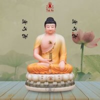 Tượng Phật Dược Sư đá tổng hợp cao 30cm, sắc diện đẹp, kiểu tam thế xúc địa, màu cam xám, Tuệ An