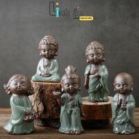 Tượng Phật Mini - Tượng Phật Để Ô Tô Phong Thủy - Bộ 3 Tượng Phật Trang Trí Thủy Sinh Bể Cá Bàn Làm Việc GỐM MEN SỨ XANH