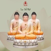 Tượng Phật Tam Thế đá tổng hợp cao 30cm, sắc diện đẹp, kiểu tam thế giả ngọc, màu cam xám, Tuệ An