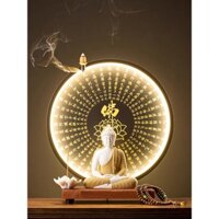 Tượng Phật Thích Ca Mâu Ni kèm kệ đèn LED tâm kinh tặng tràng hạt và hoa sen (kèm 5 nụ trầm cao cấp)