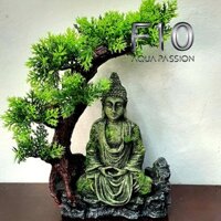 Tượng phật thiền bên gốc cây trang trí bể cá, bể bán cạn, bể thủy sinh
