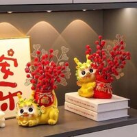 Tượng rồng kèm  bình hoa mini trang trí bàn làm việc đáng yêu,rồng vàng con giáp 2024