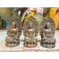 Tượng Tam Thánh Phật Ngồi Hào Quang Bằng Đồng Hun Giả Cổ, DxRxC:7x5x12cm Nặng 1,3kg/bộ