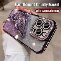 Tương thích với iPhone 14 15 16 Pro MAX 7 Plus 8 Plus 11 12 13 Pro MAX X XR XS MAX Ốp lưng Flash sang trọng Kim cương chảy cát hình bướm đứng chống rơi Vỏ điện thoại có ống kính máy ảnh