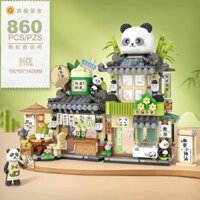 Tương thích với Lego LOZ Khối Xây Dựng Gấu Trúc Trà Nhà Gấu Nhỏ Cà Phê DIY Handmade Xây Dựng Ba Chiều Đồ Chơi Giáo Dục B