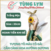 Tượng Tô Màu Bình Hoa Cô Gái Cầm Hoa Hướng Dương, Size Đại 33cm - [KÈM MÀU VÀ CỌ] - Tượng Thạch Cao Trắng Decor