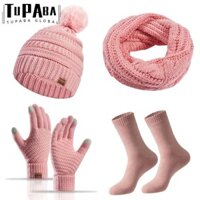Tupaba 4 Cái / bộ Mũ Dệt Kim, Mũ Mềm Bảo Vệ Tai Nữ Khăn Găng Tay Bộ Tất, Mùa Đông Chống Gió Ấm Áp Mùa Đông Mitten Ấm Áp Ngoài Trời