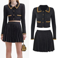TUYB Self-Portrait  French Socialite Classic Black Beaded Sequins Gold Polo Collar Top Pleated Skirt Two-Piece Set23Fall new suit