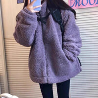 Tuyệt vời ~ Áo khoác len cừu màu tím dành cho nữ Thu Đông Phong cách mới Phiên bản Hàn Quốc dáng rộng Tất cả các trận đấu dày chiên đường phố hàng đầu