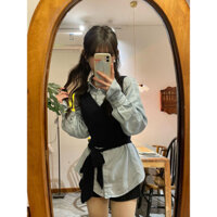 Two-Piece Korean Shirt Vest for Women Classic Style New Denim Bandage Dress Sense New Chic Unique Lace-up Atmosphere