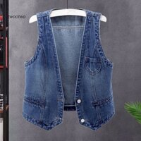 (twt) Áo Khoác denim Ngắn Sát Nách Cổ Chữ v Phối Nút Đôi Phong Cách hip hop Đường Phố Hợp Thời Trang Mùa Thu Cho Nữ