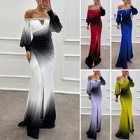 [Ty] Đầm dạ hội nữ lệch vai rỗng Váy cưới đính đá Skinny xếp li Prom Đầm Maxi dài tay đèn lồng xẻ viền áo choàng bóng màu tương phản