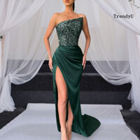 [Ty] Đầm dạ hội nữ sáng bóng Sequin Slant Bandeau không có cổ hở lưng không tay lệch vai xẻ cao viền mỏng vừa vặn Chiều dài sàn Áo choàng bóng dự tiệc Tiệc cưới Váy Maxi