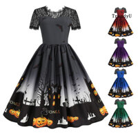 [Ty] Đầm dự tiệc Halloween dành cho nữ Cổ tròn ren rỗng Retro chữ A viền lớn Ngôi nhà ma ám Bát in tay ngắn Cosplay Váy dạ hội