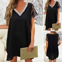 [Ty] Đầm Mùa Hè Nữ Cổ Chữ V Đính Kim Sa Lấp Lánh Ren Rỗng Viền Hoa Rời Màu Trơn Tay Ngắn Mềm Mại OL Đầm Mini