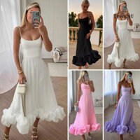 [Ty] Đầm trơn nữ không tay có lưng Dây đeo Spaghetti Cloud Hem A-line SLim Fit Đầm dạ hội màu trơn Đầm Maxi dự tiệc
