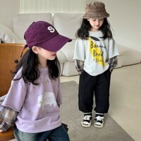 [Tỷ lệ khen ngợi 93%] Áo nỉ hai mảnh giả cho bé gái Xuân Thu Phong cách mới Trẻ em dáng rộng Thời trang khâu dài tay hoạt hình hợp thời trang