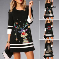 [Ty] Nữ Cổ Tròn 3 / 4 Tay Mini Đầm Thu Cây Giáng Sinh Nai Sừng Tấm Cốc Rượu Họa Tiết Áo Chui Đầu Thường Ngày Dạo Phố