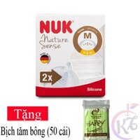 Ty thay bình sữa NUK Silicone Cổ Rộng size 1M - 2 cái/vỹ Tặng 1 bịch tăm bông - Núm ty thay thế Nature Sense NU21494