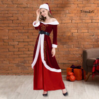 [Ty] Váy Giáng Sinh Nữ Santa Cosplay Tắt Vai Màu Sắc Phù Hợp Với Phong Cách Yoyal Retro Có Thắt Lưng Và Mũ Trình Diễn Chữ A Trang Phục Lễ Hội
