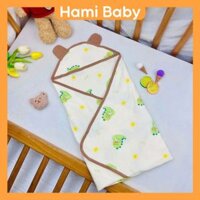 Ủ Choàng Cho Bé sơ sinh vải muslin 4 lớp có mũ trùm đầu làm khăn quấn cho bé Hami Baby