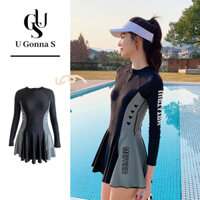 U Gonna S Áo tắm dài cho phụ nữ tay áo hai mảnh sexy với miếng độn ngực Houndstooth đơn giản cổ điển thanh lịch màu trơn