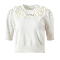 U0QZ Self-Portrait Gentle Style Three-Dimensional Flower Short Knitted Top2024Spring Summer New Round Neck Short Sleeve Fashion Versatile T T-shirt